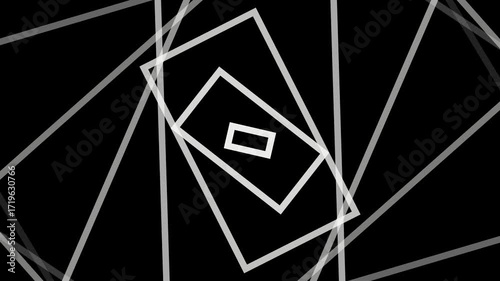 Abstract geometric composition featuring nested, rotating rectangles and intersecting lines on a stark black background.