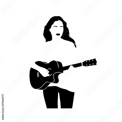Black and white line art of a cool woman playing guitar in casual outfit minimalist stylish illustration