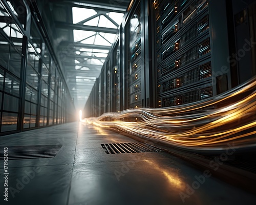 Futuristic data center with high-speed 5G-enabled worldwide connectivity systems.