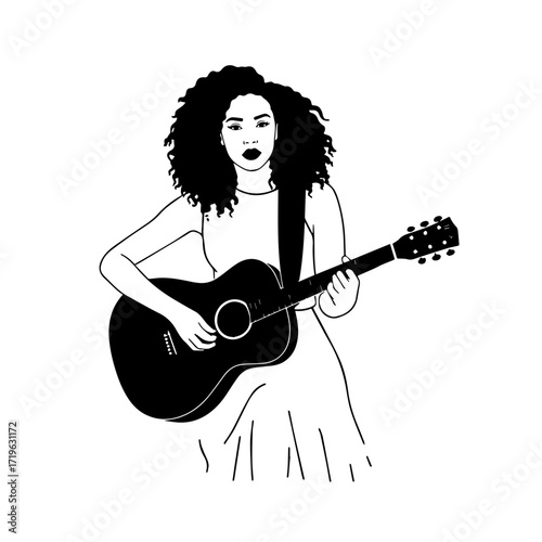 Black and white line art of a cool woman playing guitar in casual outfit minimalist stylish illustration