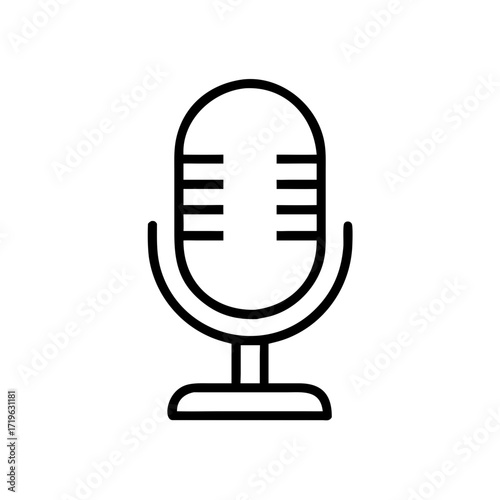 Vintage microphone in minimalist design with black outline on white  