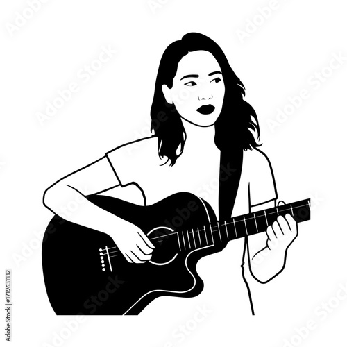 Black and white line art of a cool woman playing guitar in casual outfit minimalist stylish illustration