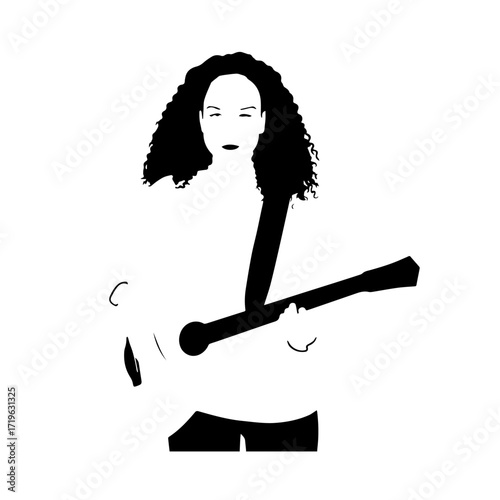 Black and white line art of a cool woman playing guitar in casual outfit minimalist stylish illustration