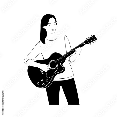 Black and white line art of a cool woman playing guitar in casual outfit minimalist stylish illustration