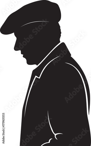 man wearing beret and jacket silhouette vector, black and white silhouette vector illustration