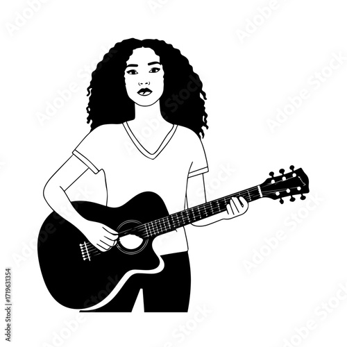 Black and white line art of a cool woman playing guitar in casual outfit minimalist stylish illustration