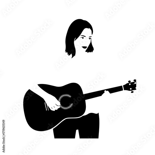 Black and white line art of a cool woman playing guitar in casual outfit minimalist stylish illustration