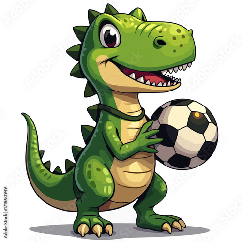 Vector drawing for children, teenager t-shirt. 
Cute green dinosaur boy with ball
for football game
isolated on white background. Cartoon design for fabric, paper, clothing, notepad.