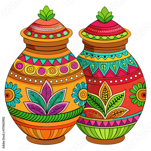 Vibrant symmetrical indian clay pot vector artwork decorative traditional artistic digital illustration