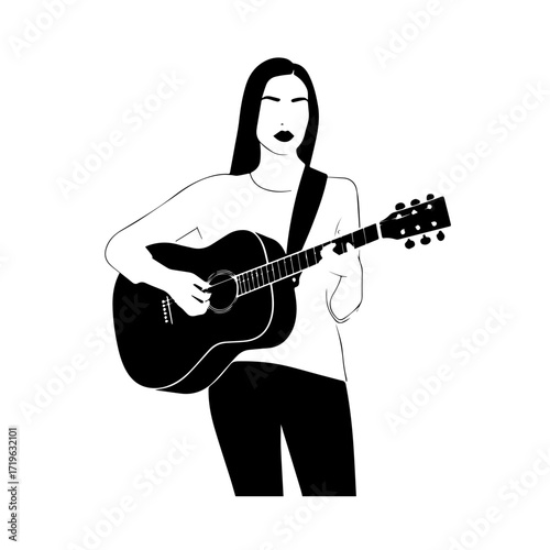 Black and white line art of a cool woman playing guitar in casual outfit minimalist stylish illustration