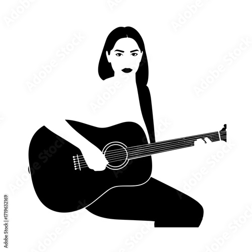 Black and white line art of a cool woman playing guitar in casual outfit minimalist stylish illustration