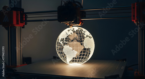 Detailed 3D Printer Producing Glowing World Model, Photorealistic Style