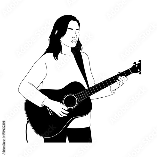 Black and white line art of a cool woman playing guitar in casual outfit minimalist stylish illustration