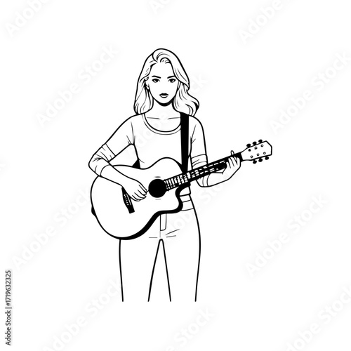 Black and white line art of a cool woman playing guitar in casual outfit minimalist stylish illustration