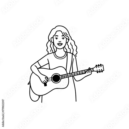 Black and white line art of a cool woman playing guitar in casual outfit minimalist stylish illustration