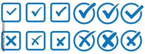 Check mark icon set. Check box icon with right and wrong buttons and yes or no checkmark icons in green tick box and red cross. vector illustration .