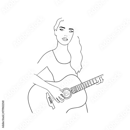 Black and white line art of a cool woman playing guitar in casual outfit minimalist stylish illustration