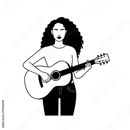 Black and white line art of a cool woman playing guitar in casual outfit minimalist stylish illustration