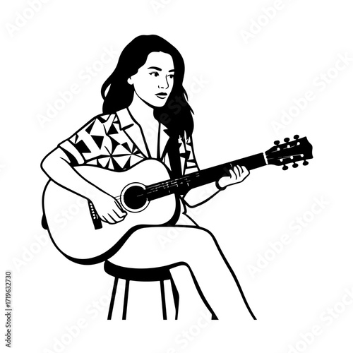 Black and white line art of a cool woman playing guitar in casual outfit minimalist stylish illustration