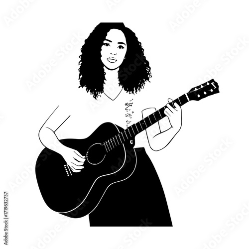 Black and white line art of a cool woman playing guitar in casual outfit minimalist stylish illustration