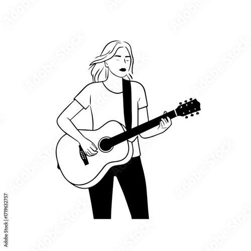 Black and white line art of a cool woman playing guitar in casual outfit minimalist stylish illustration