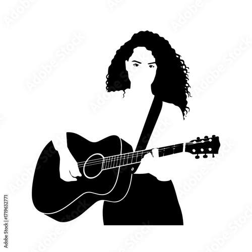 Black and white line art of a cool woman playing guitar in casual outfit minimalist stylish illustration