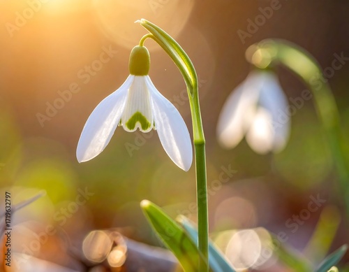 Close-up of a delicate snowdrop flower in sunlight