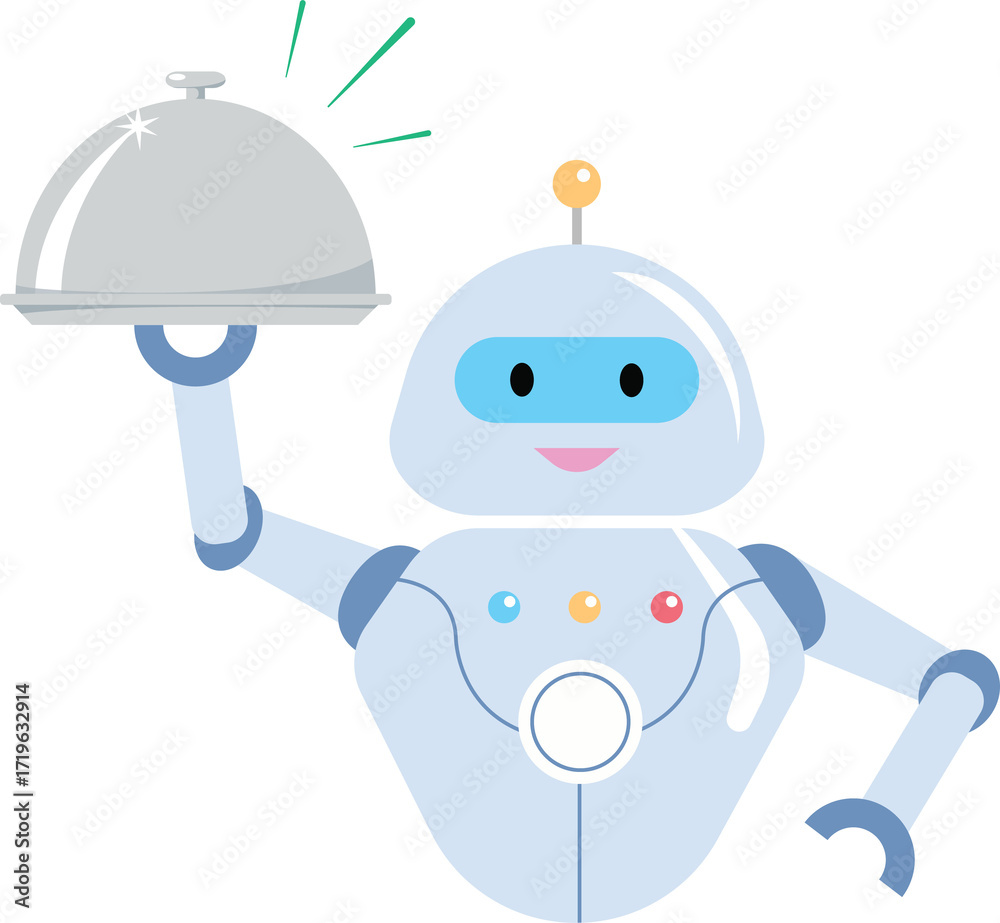 Fototapeta premium Vector illustration of Robot serving robot with food tray in restaurant. modern lifestyle dining robot concept.
