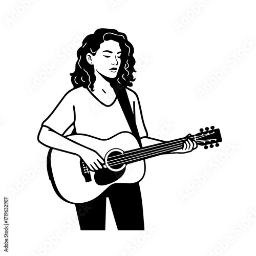 Black and white line art of a cool woman playing guitar in casual outfit minimalist stylish illustration