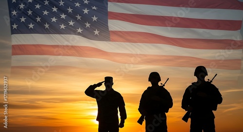 Dramatic sunset silhouettes of US soldiers saluting under waving American flag.