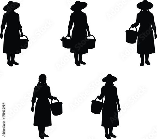Black silhouettes of women, farmers, and milkmaids carrying baskets and buckets, in a vintage woodcut-style vector set.