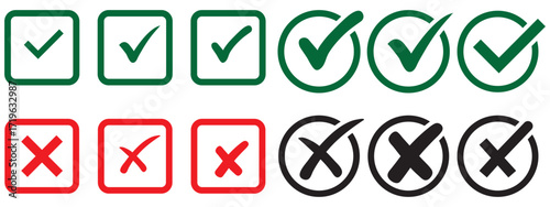 Check mark icon set. Check box icon with right and wrong buttons and yes or no checkmark icons in green tick box and red cross. vector illustration .