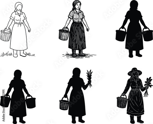 Black silhouettes of women, farmers, and milkmaids carrying baskets and buckets, in a vintage woodcut-style vector set.