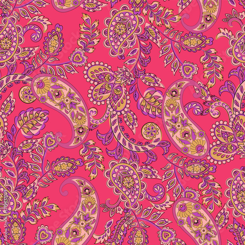 Paisley vector seamless design flowers and leaves in a batik-inspired style. Vintage fabric backdrop