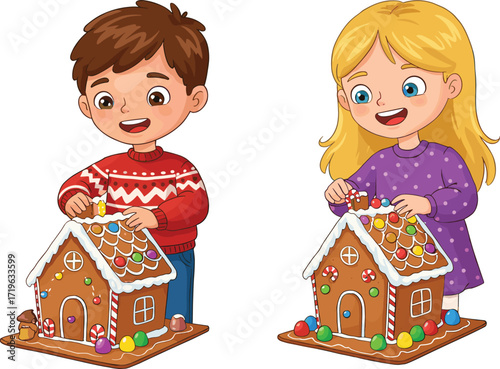 Happy children decorating gingerbread house with candy and icing, Christmas holiday fun, festive winter activity, sweet creative tradition, kids enjoying together