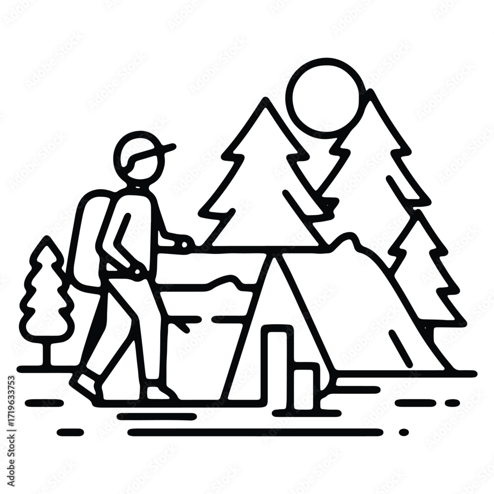 Obraz premium Line Art Illustration of a Hiker Camping in the Wilderness
