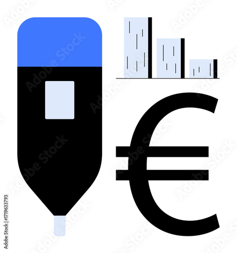 Blue-tipped marker, minimal bar graph, and euro sign combining to represent financial planning, economic analysis, budget allocation, profitability, investment, accounting, and resource management