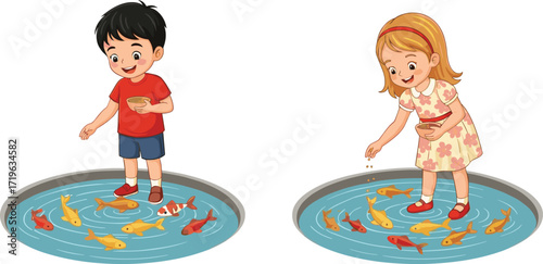 Happy children feeding fish in pond, smiling boy and girl, outdoor activity, kids enjoying nature, fun learning, playful childhood moments