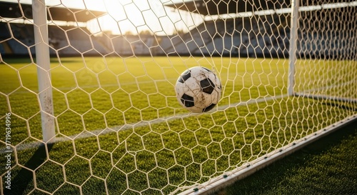 Soccer ball in the net during a stadium game with blurred background action