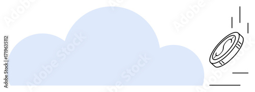 A cloud shape with a digital coin falling, representing cloud computing, finance, and transactions. Ideal for technology, innovation, fintech, cryptocurrency, savings economy simple flat metaphor