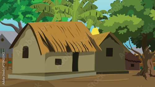 Discover charming rural village life with thatched-roof houses nestled among lush tropical foliage, evoking peace and tranquility in a simple, idyllic setting