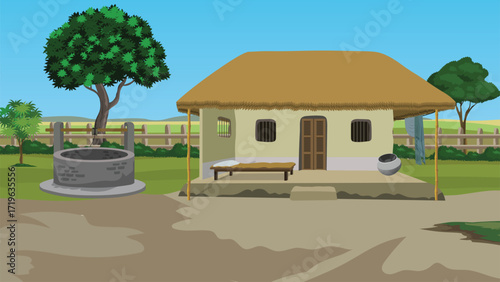 Discover rural charm with this quaint village scene, featuring a traditional home, water well, and peaceful countryside vibes ideal for storytelling