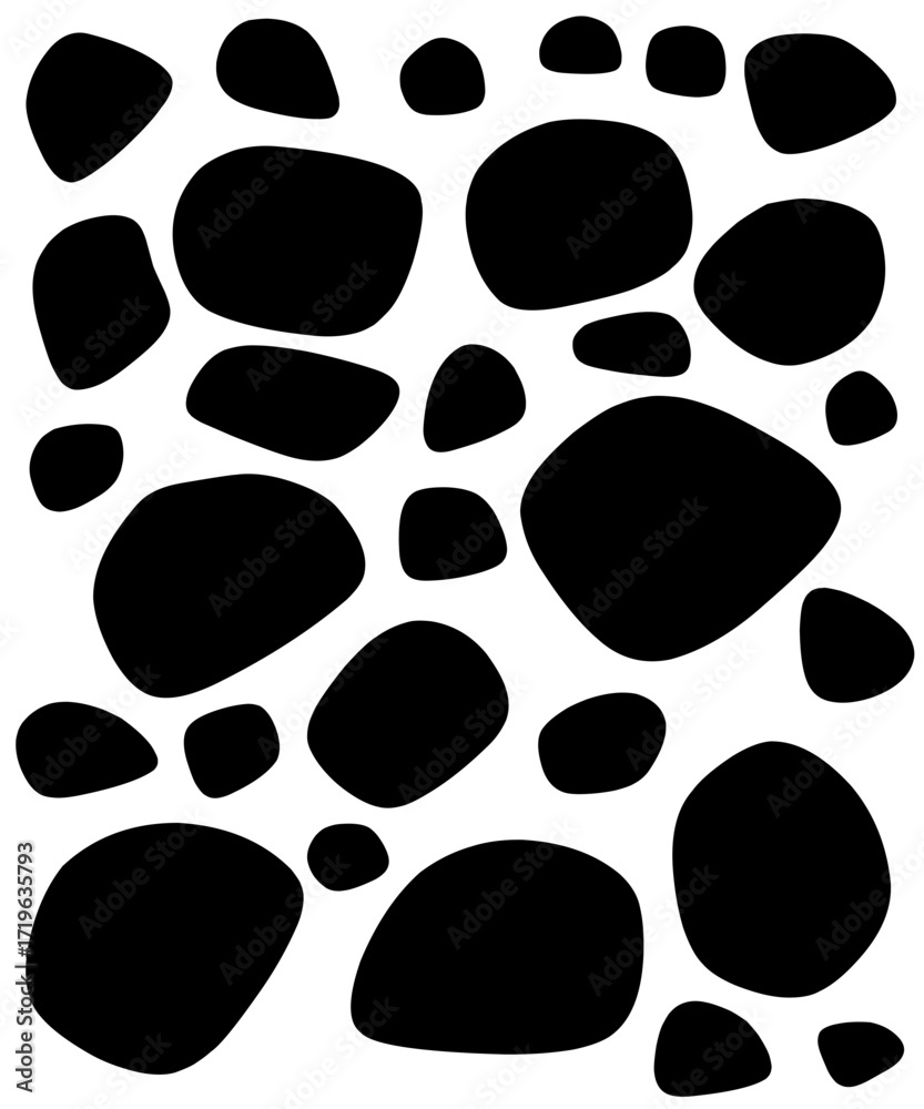 Organic black dots vector seamless pattern. Pebble shaped elements repeated on white background. Creative surface art for printing on various surfaces or usage in graphic design projects.