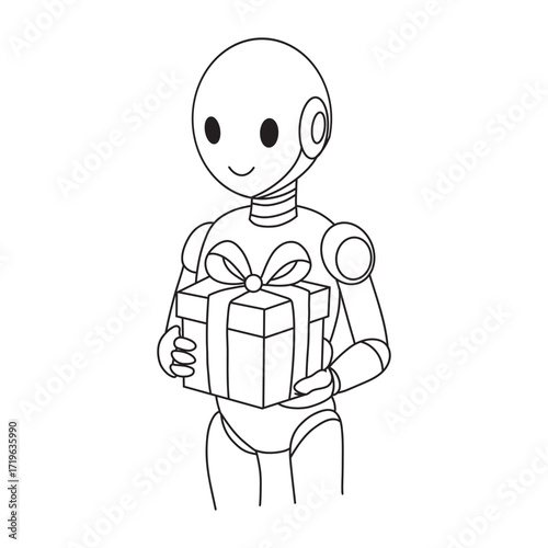 happy robot holding gift box with robot hand vector sketch