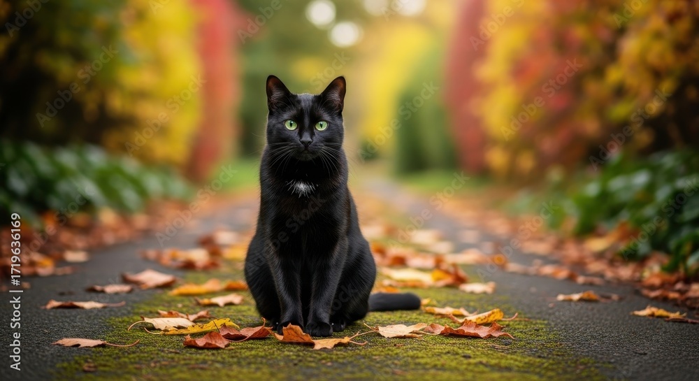 Obraz premium A Majestic Black Cat Sits Proudly on an Autumnal Path Surrounded by Falling Leaves