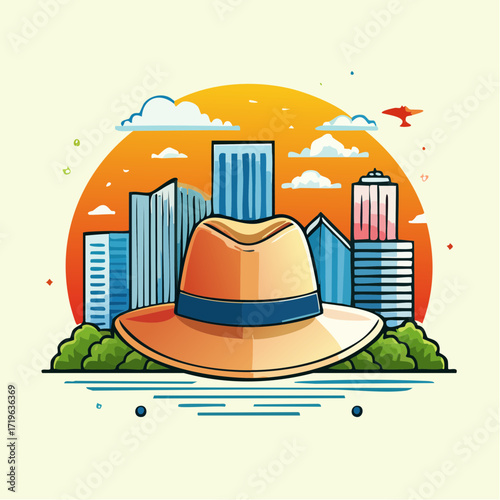 Tan Fedora Hat Against City Skyline at Sunset