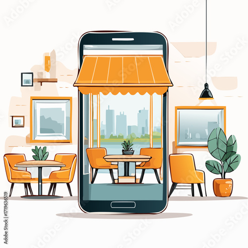 Smartphone Showing Modern Cafe Interior Design with City View