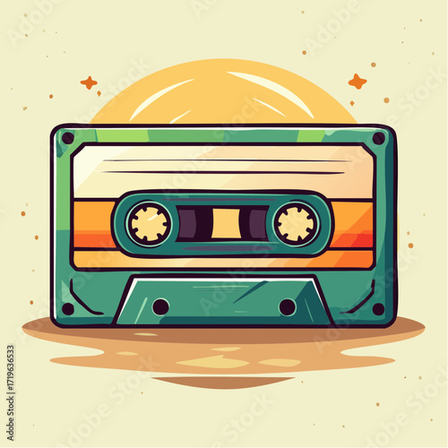 Retro Cassette Tape Illustration Against a Sunset Background