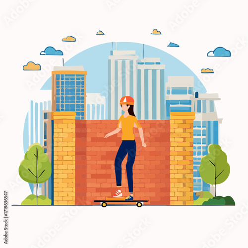 Woman Skateboarding on Brick Wall Urban Cityscape