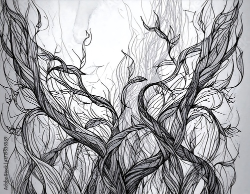 Intricate, black and white drawing of a tangled, stylized tree